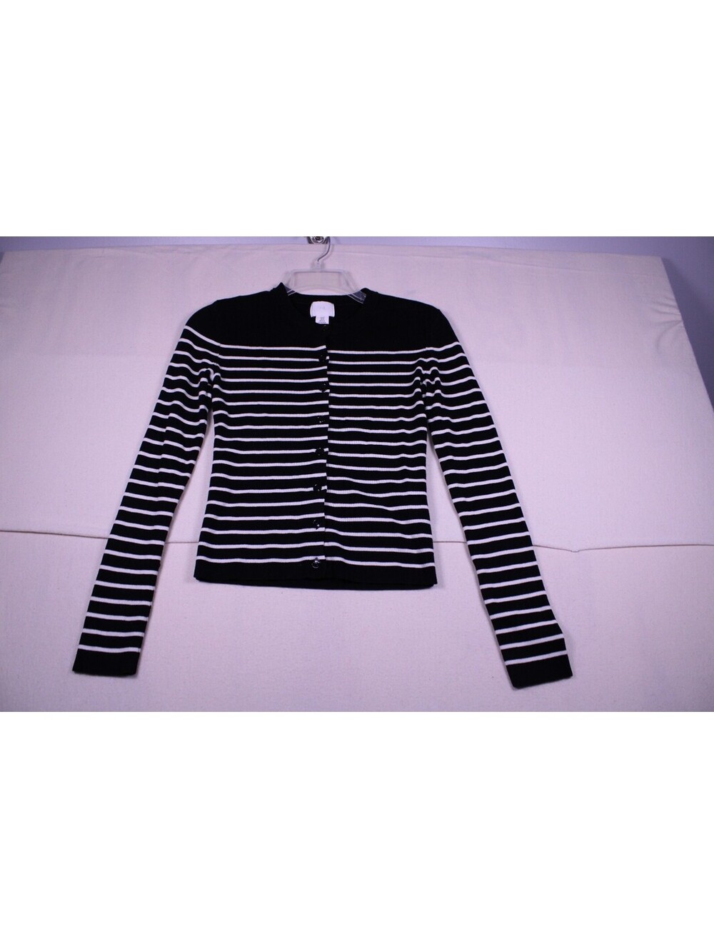 H&M Black & White Striped Fine-Knit Button Front Cardigan - XS